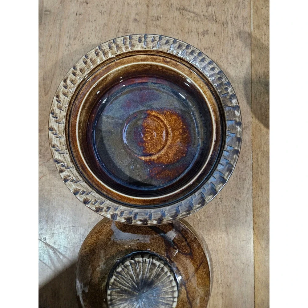 BP Malta Studio Pottery Lidded Casserole Dish Brown Glazed Sunburst Vintage